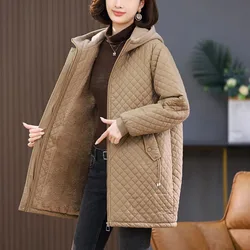 New Winter Warm Argyle Padded Jacket Female Long Loose Plus Fleece Cotton Clothes Middle-Aged Women Hooded Parker Overcoat Khaki