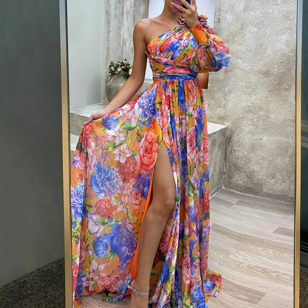 

Women Evening Dress One Shoulder Backless Floor Length Dress Colorful Flower Print Single Long Sleeves Side Split Hem Maxi Dress