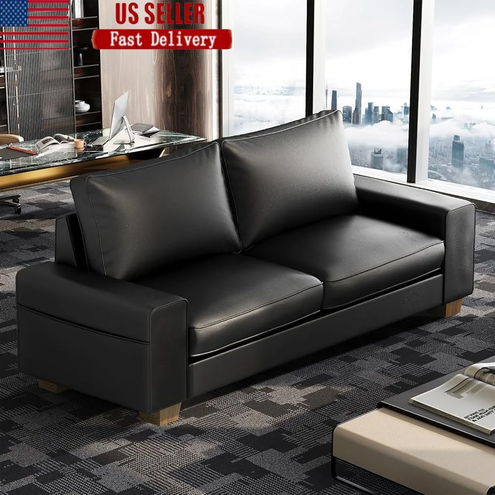 

Faux Leather Loveseat Sofa Mid Century Modern Comfortable Couch with Side Pockets Wide Armrests Easy Assembly Office Living Room