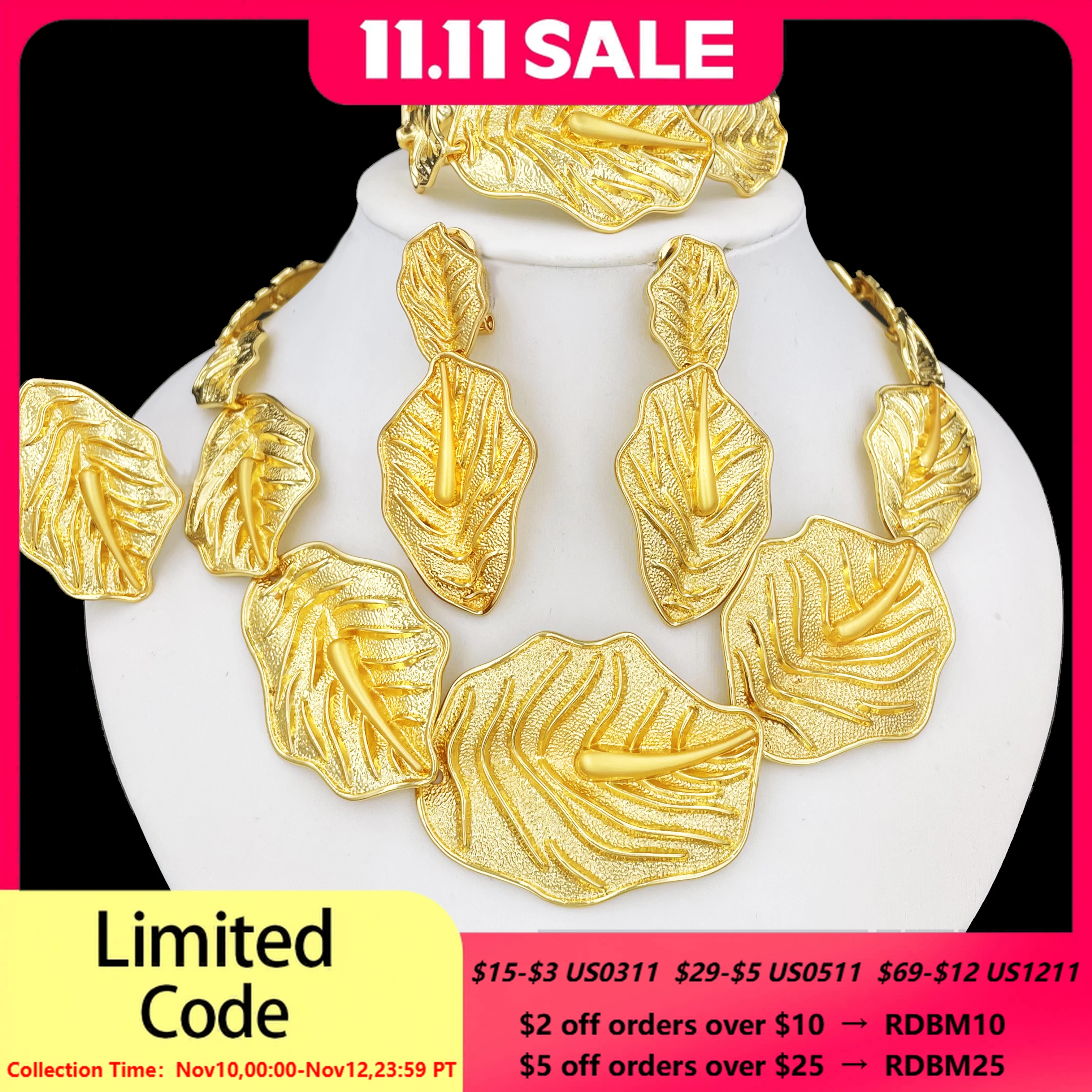 

Dubai 18k Gold Plated Women Jewelry Set Classic Design Plant Leaves Necklace Earrings Bracelet And Ring 4PCS Set Jewelry