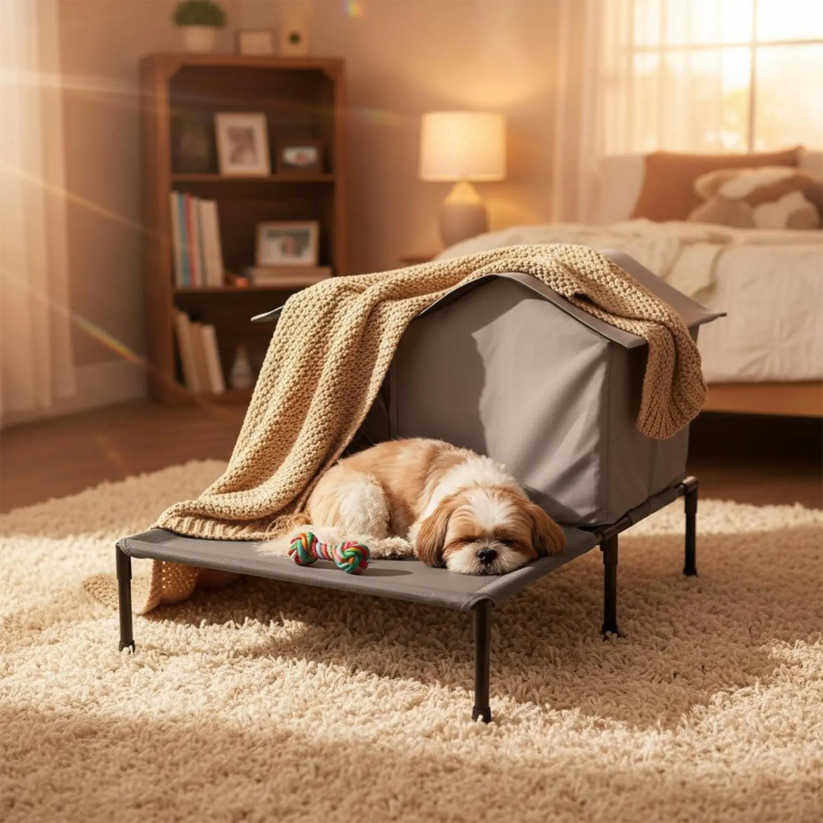 

2-in-1 Pet House and Bed Breathable Elevated Pet Cot with Awning Outdoor Cat House Bed Weatherproof for Felines, Balcony, Patio