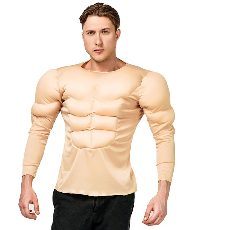 

Sexy Adult Men's Bodybuilding Costume Fitness Clothes Imitation Muscle Fake Abs Shirt Costume Cosplay Halloween Adult Tops