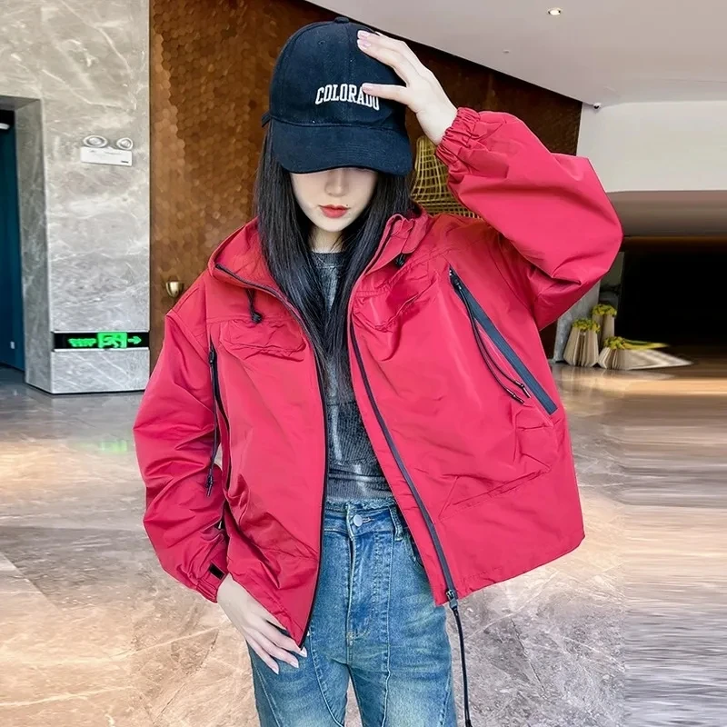 

Fashion Hooded Windbreaker Coat Ladies 2026 New Spring Autumn Loose Jacket Short Women Outwear Design Sense Trend Outcoat Top