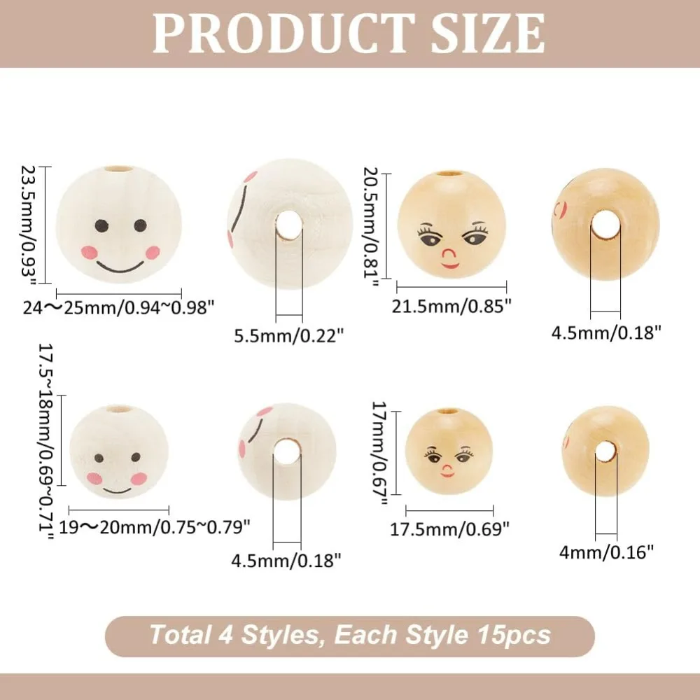 60 ชิ้นไม้ Smile ลูกปัด 4 ขนาดลูกปัดไม้ธรรมชาติพิมพ์รอบทาสีไม้หลวมสําหรับสัตว์ทําชุด