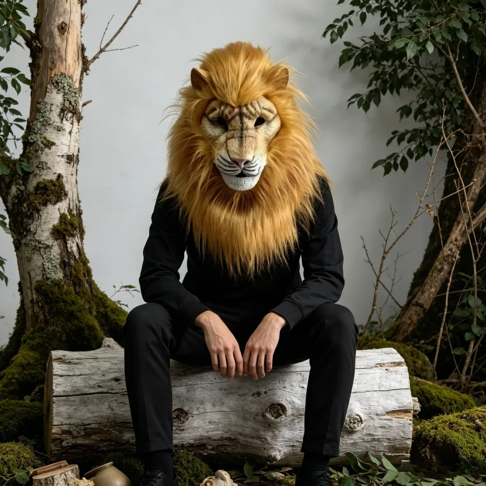 Lange, pelzige Wildlöwen-Vollkopfmaske, Tierkostüm-Requisite für Erwachsene, Bühnen-Maskerade, Themenparty, Halloween-Cosplay