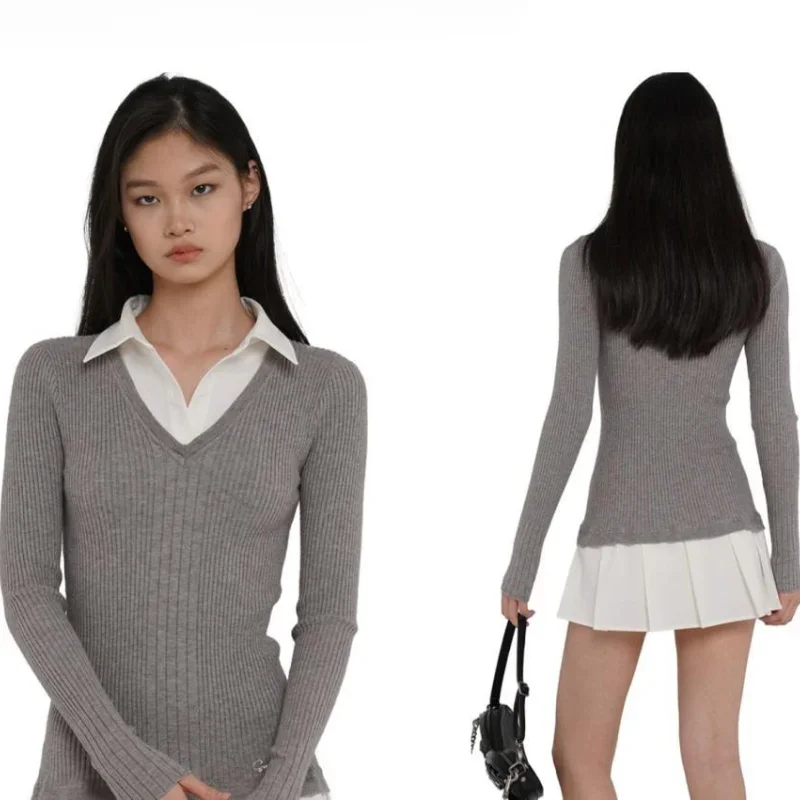 Korean Y2k Women Knitted Shirts Splicing Pleated Dresses Sweet Girls Esthetics Slim Long-sleeved Lapel Mini Dress Robe Vestidos