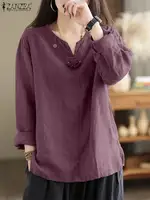 Vintage Women Blouse Autumn Long Sleeve Shirt Female V Neck Work Holiday Blusas ZANZEA Casual Solid Loose Shirt Cotton Chemise - Image 5