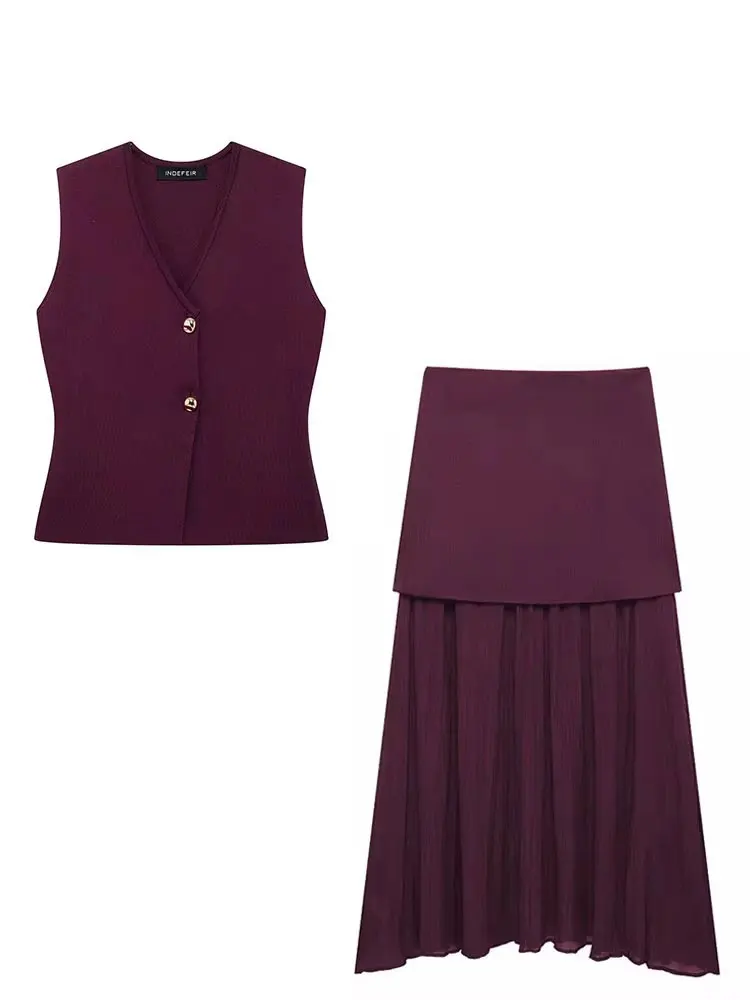 HH Women 2 Piece Set V-Neck Sleeveless Button Knitted Vest Top+Elegant Splicing High Waist Zipper Long Skirts Holiday Suits