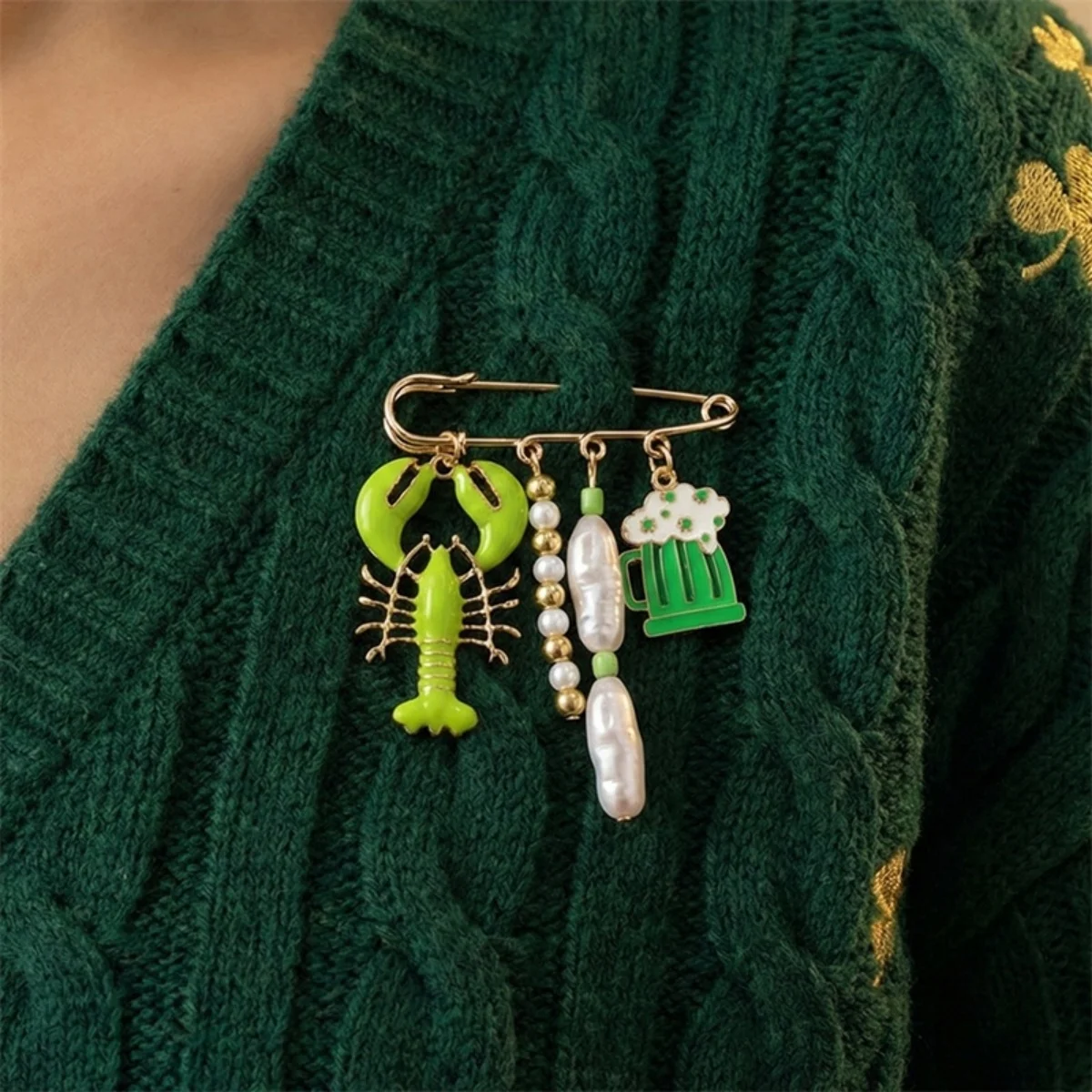 Metall-Muschel-Fisch-Broschen mit unregelmäßigen Imitationsperlen für Damen und Herren, Hummer-Korallen-Blumen-Krabben-Herz-Sonnen-Anstecknadeln, Sommerschmuck – Detail 9