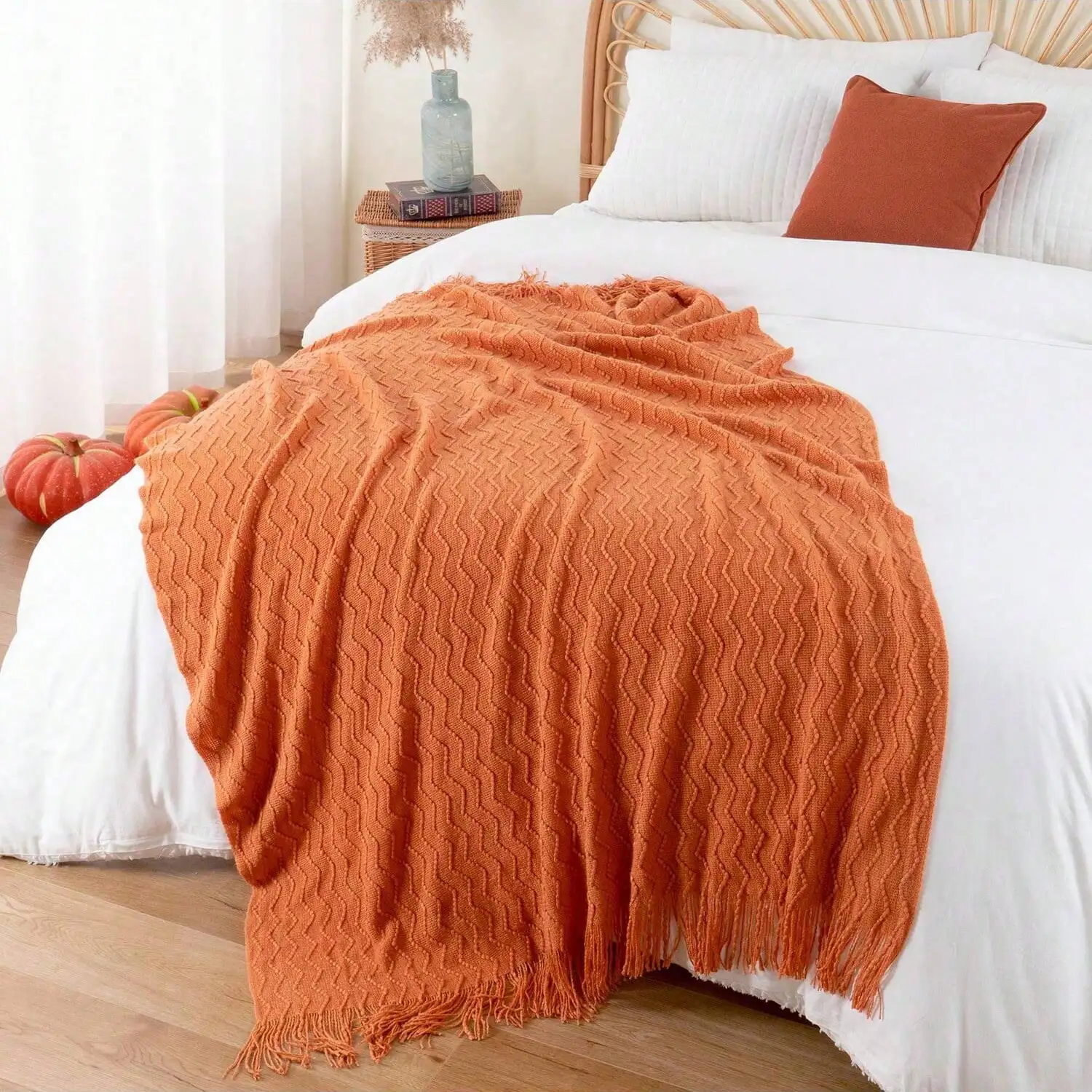 Orange Throw Blanket For Couch, Decorative Fall Throw Blanket With Tassels, Halloween Knitted Blankets And Throws, Fall Decor, 50"X60"，sf2406157728203301 - view 6