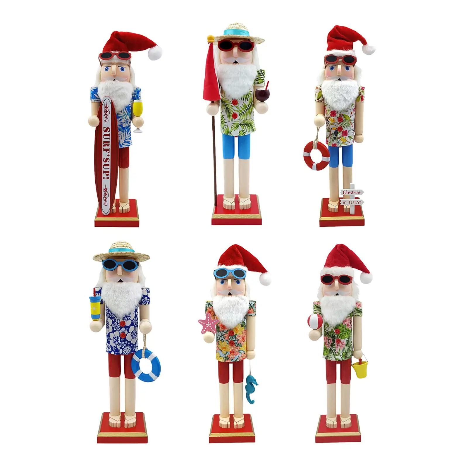 38cm Wooden Summer Santa Figurine Nutcracker Portable Puppet Toy Desk Decoration Christmas Decor for House Warming Party Sturdy