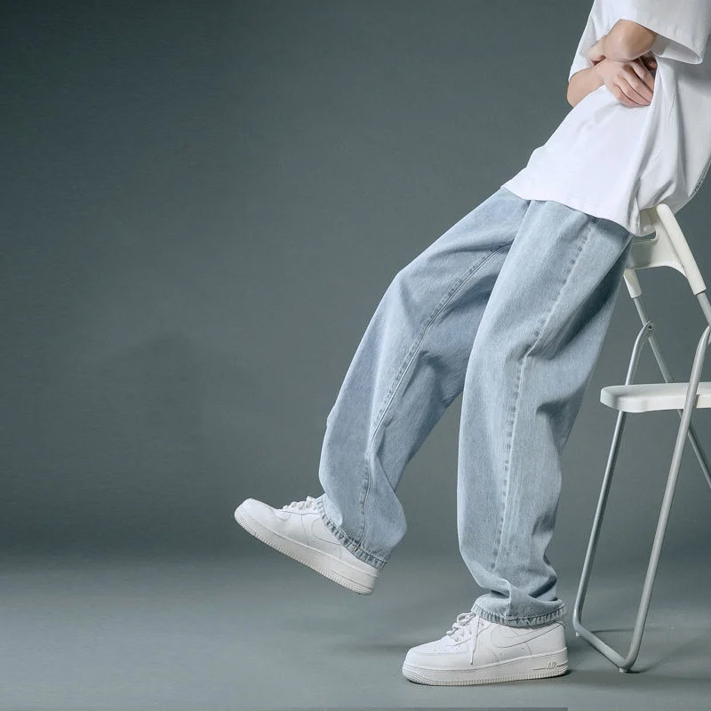 2023 Summer New Solid Color Elastic Waist Pockets Wide Leg Trousers Man Fashion Casual Loose Thin Style All-match Straight Pants