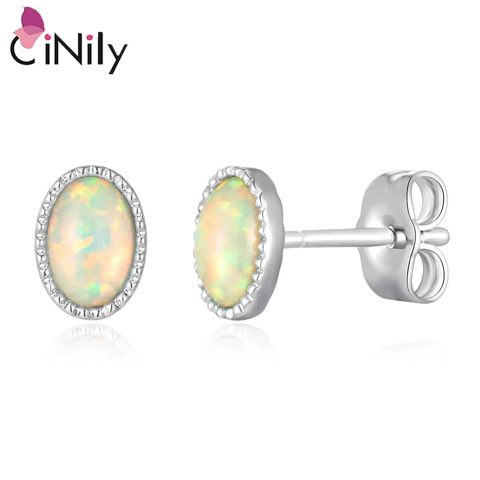 CiNily Created White/Blue Opal Earrings 6x4mm Silver Color Oval-shape Simple Small Stud Earrings for Women Engagement Jewerly