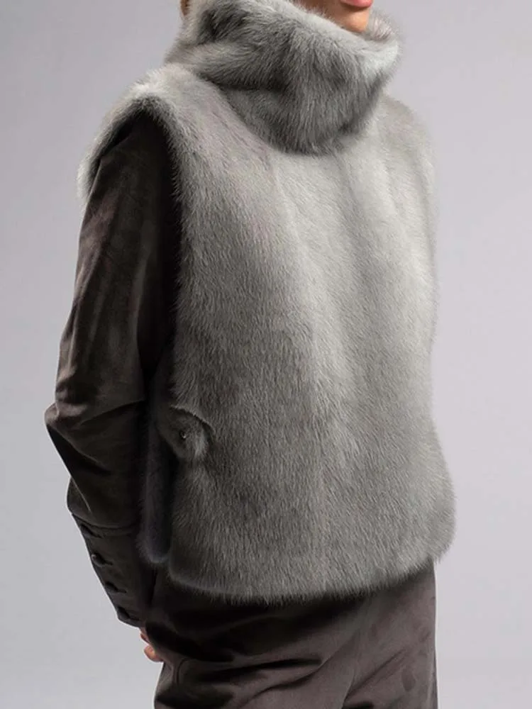 Women Winter Feather High Neck Vest Elegant Solid Color Warm Fur Plush Comfortable Pullover Vest Jacket Casual Party Coat Top