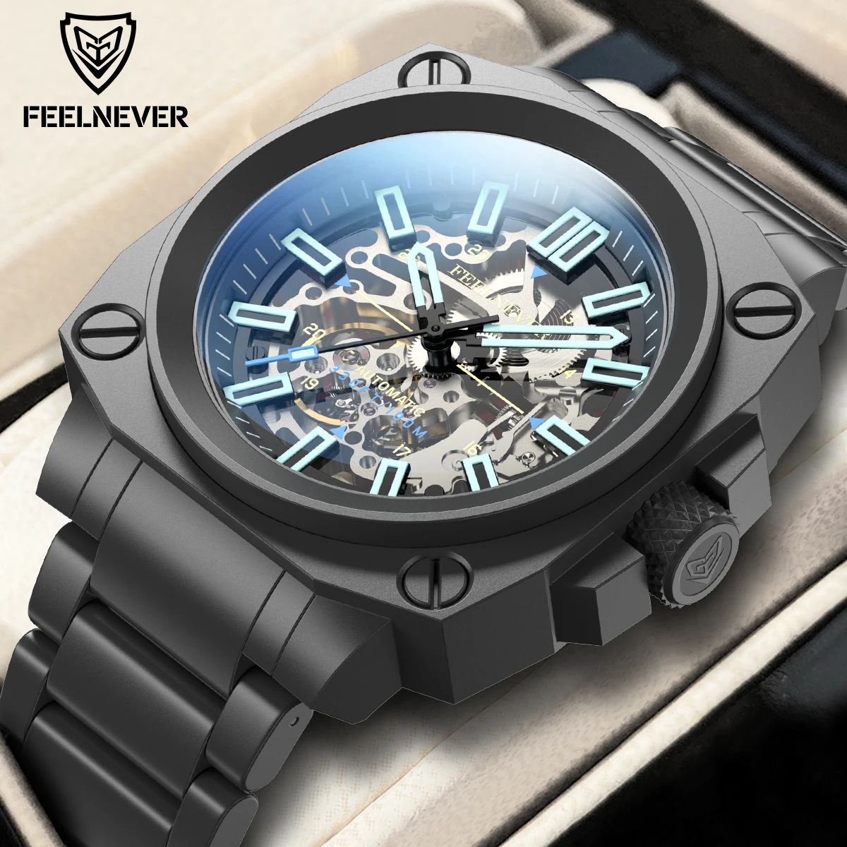 FeelNever Top Brand Luxury Mechanical Man Watch Stainless Steel Hollow Out 100M Waterproof Casual Sport Automatic Luminous Clock