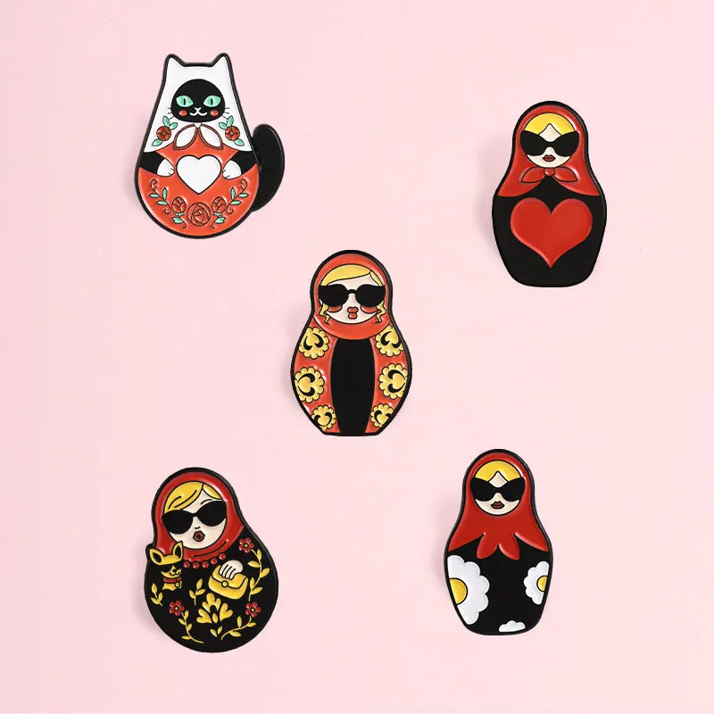 Russian Cartoon Sunglasses Matryoshka Cat Brooch Vintage Metal Badge Pin DIY Clothing Bags Hat T-shirt Accessories Unisex Gift