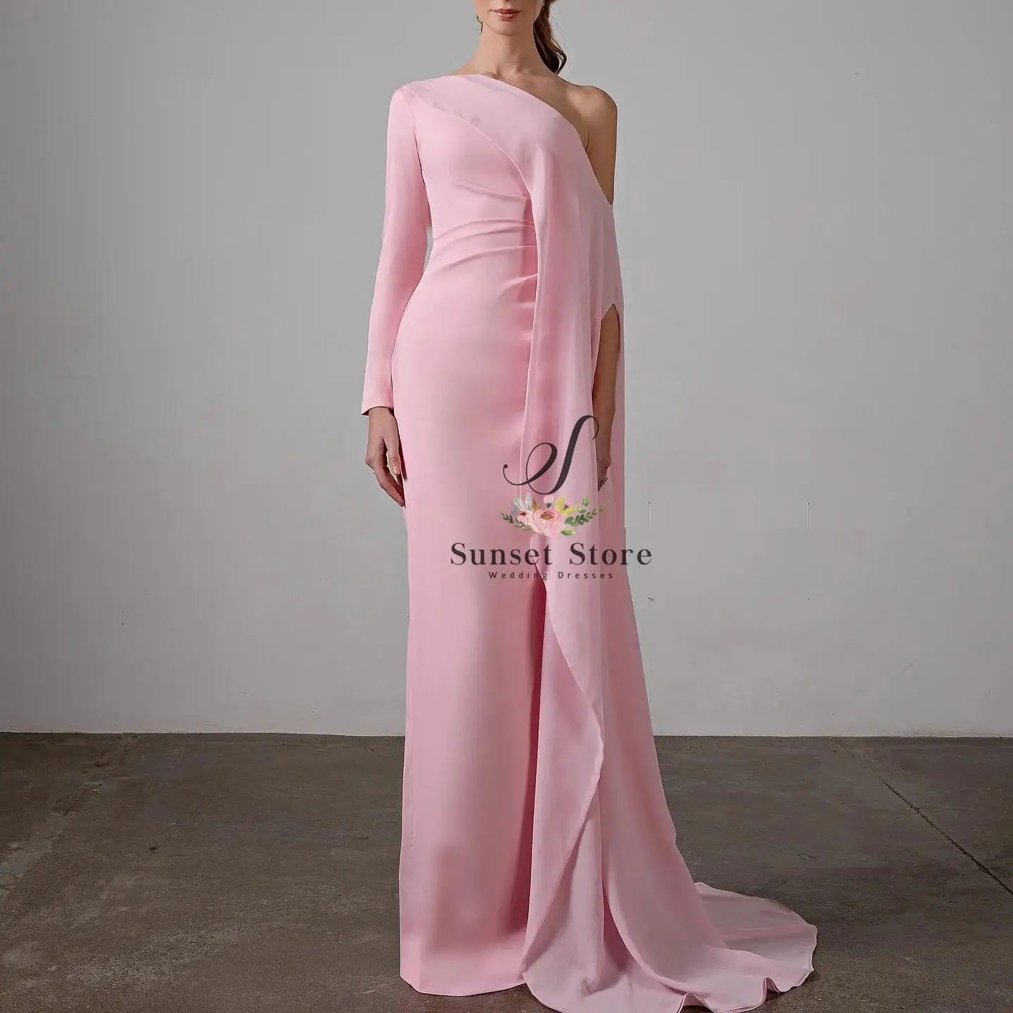 

Customized Elegant Pink Prom Dresses One Shoulder Long Sleeve Mermaid Formal Evening Dresses فساتين للمناسبات ا