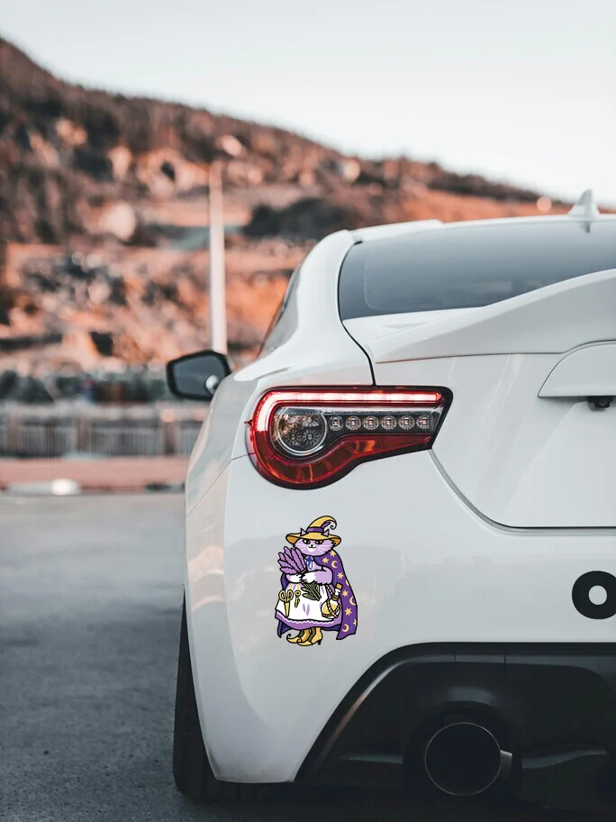 Cute Purple Witch Cat Vinyl Car Sticker, Magical Lavender Style Sticker, Suitable for Car, Motorcycle, Helmet Decoration