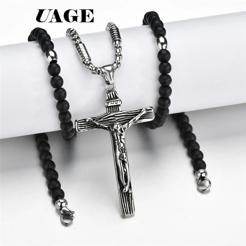 UAGE Rosary necklace Jesus christ cross pendant necklaces Black bead long chain mens women virgin mary christian fashion jewelry