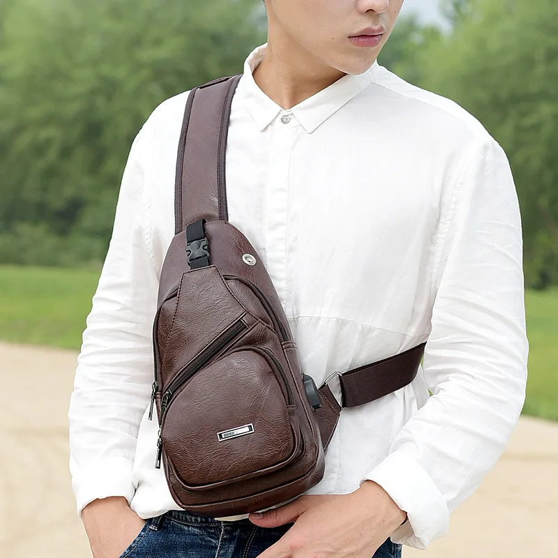 USDEU forSimple Fashionable Casual Solid Color PU Multifunctional USB Charging Zipper MEN'S Chest Bag Crossbody Bag Commuting