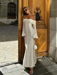 Vintage Cream Floral Lace Off Shoulder Maxi Dress Fashion Flare Long Sleeve Hollow Out Slim Dresses 2024 Elegant Lady Party Robe