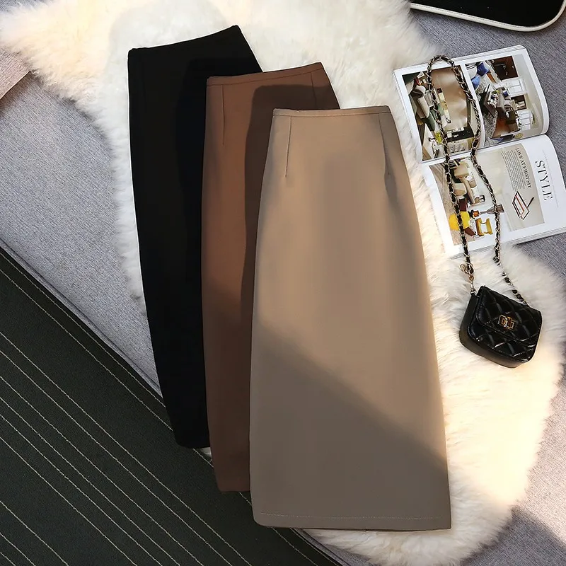 

2024 Spring Autumn New Korea Fashion Women High Waist Long A-line Skirt All-matched Casual Office Lady Slim Black Skirts P577