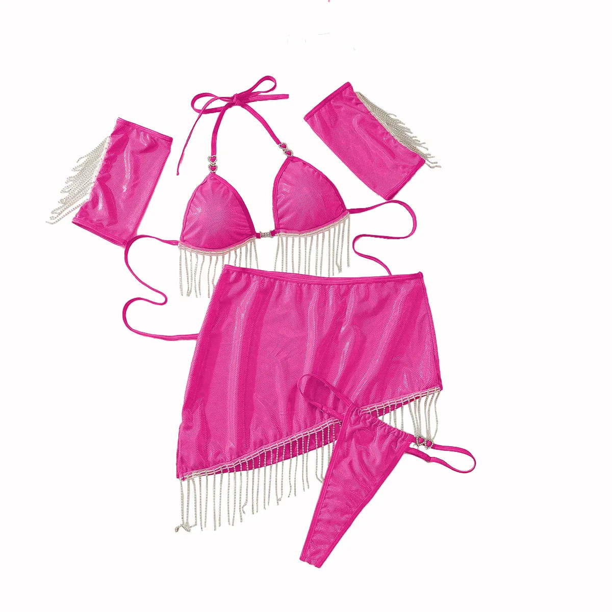 Ropa interior Sexy para mujer, traje con borlas de diamantes de imitación, beso, corazón, correas para la muñeca, falda de neón, conjunto de vendaje de 5 piezas