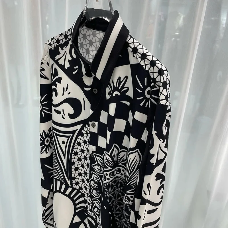 Black and white printed men's long sleeved shirt with playing cards, comfortable and loose outdoor fashion s-5XL, comfortable an