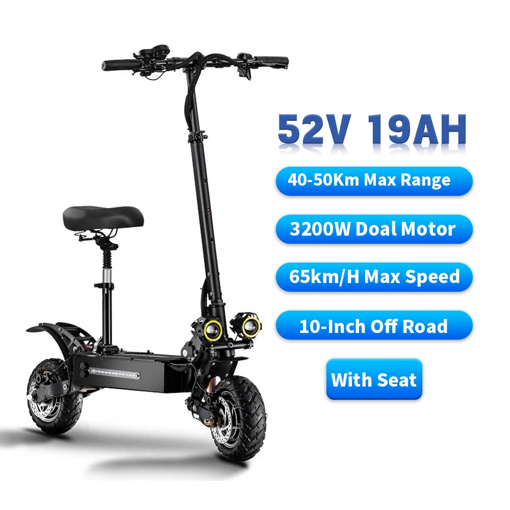 

3200W 52V 19ah Off-road Electric Scooter For Adult with Seat C-shaped 40-50KM Range Folding Waterproof Dual Motor 65km/h 10 inch