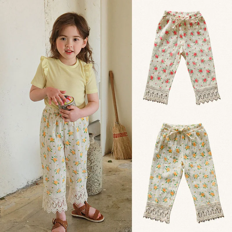 

2025 Summer Fashion Baby Girls Clothing High Quality Girls Sweet Lace Edge Floral Loose Waist Wide Leg Casual Pants Sports