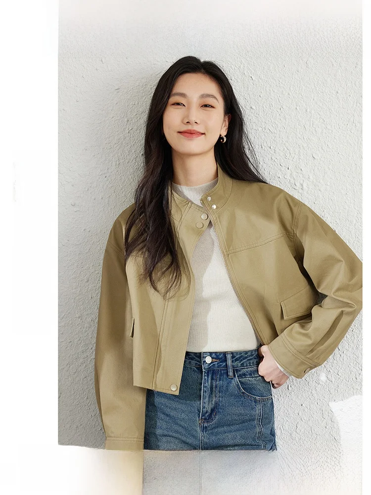 

Pure Cotton ort Jaet Women's Autumn 2025 New Stand Collar Workwear Sle Faionable Top Thiened Long Sve Zipper Clo...