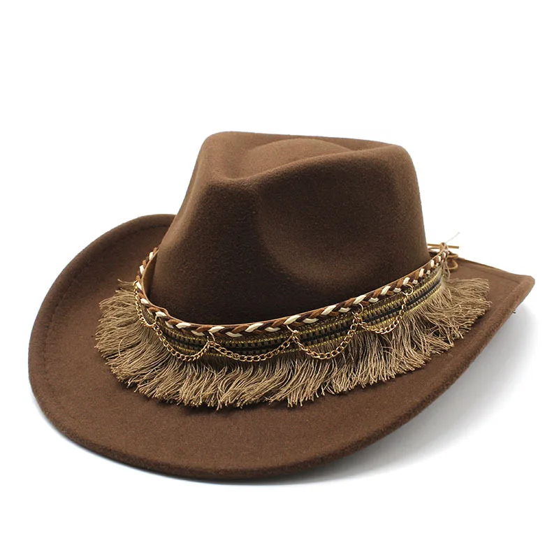 Vintage Ethnic Fringe Fedora Flat Brim Hat Jazz Wool Felt Cap Unisex Casual EU US Style