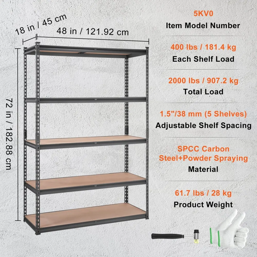 

Heavy Duty 5-Tier Metal Storage Shelving 2000 lbs 18"x48"x72" Black Rack for Garage Kitchen