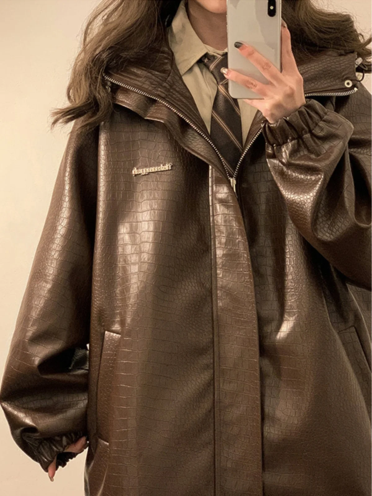 

Brown Crocodile Pattern Leather Jaet Men's Sli Pilot Jaet Vintage American Motorcycle Clothes Zipper Closure Long Sve