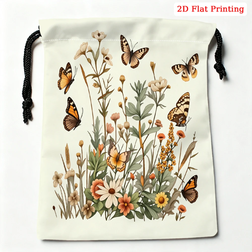 1pc Floral Butterfly Drawstring Bag White Botanical Print Storage Small Pouch Travel Organizer For Women Glasses Cosmetics Porta