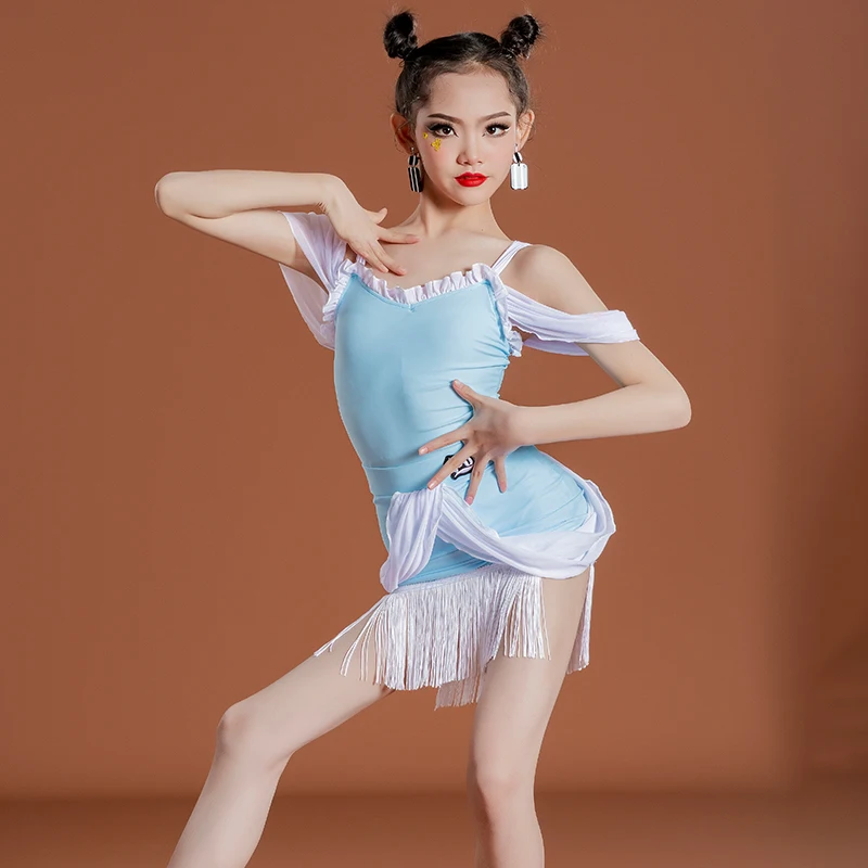 ชุดฝึกซ้อมมาตรฐานประสิทธิภาพระดับมืออาชีพและกระโปรงเต้นรําสําหรับการแข่งขันเต้นรําละตินสําหรับเด็กผู้หญิง