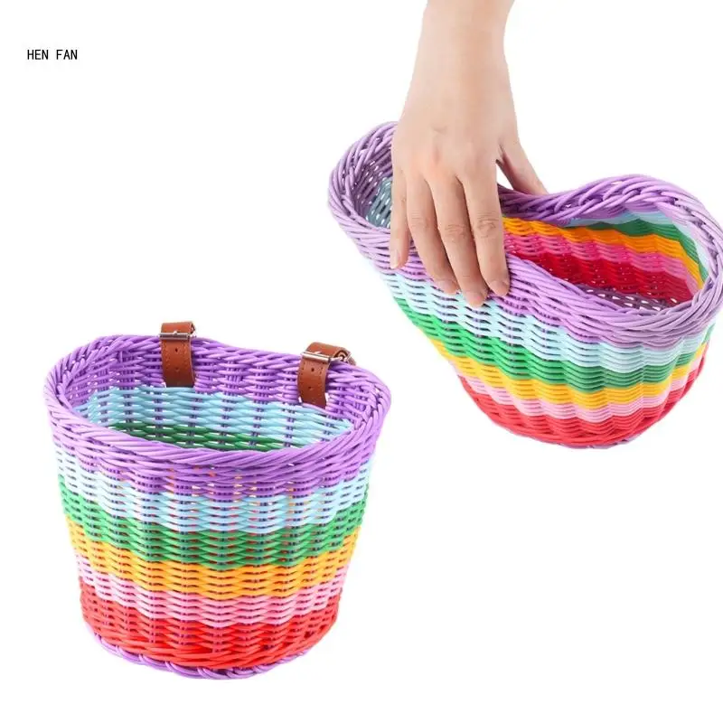 

Kids Bikes Front Basket Waterproofs Plastic Wovens Bikes Basket Rainbow Color Childrens Bicycles Handlebars Basket M89D
