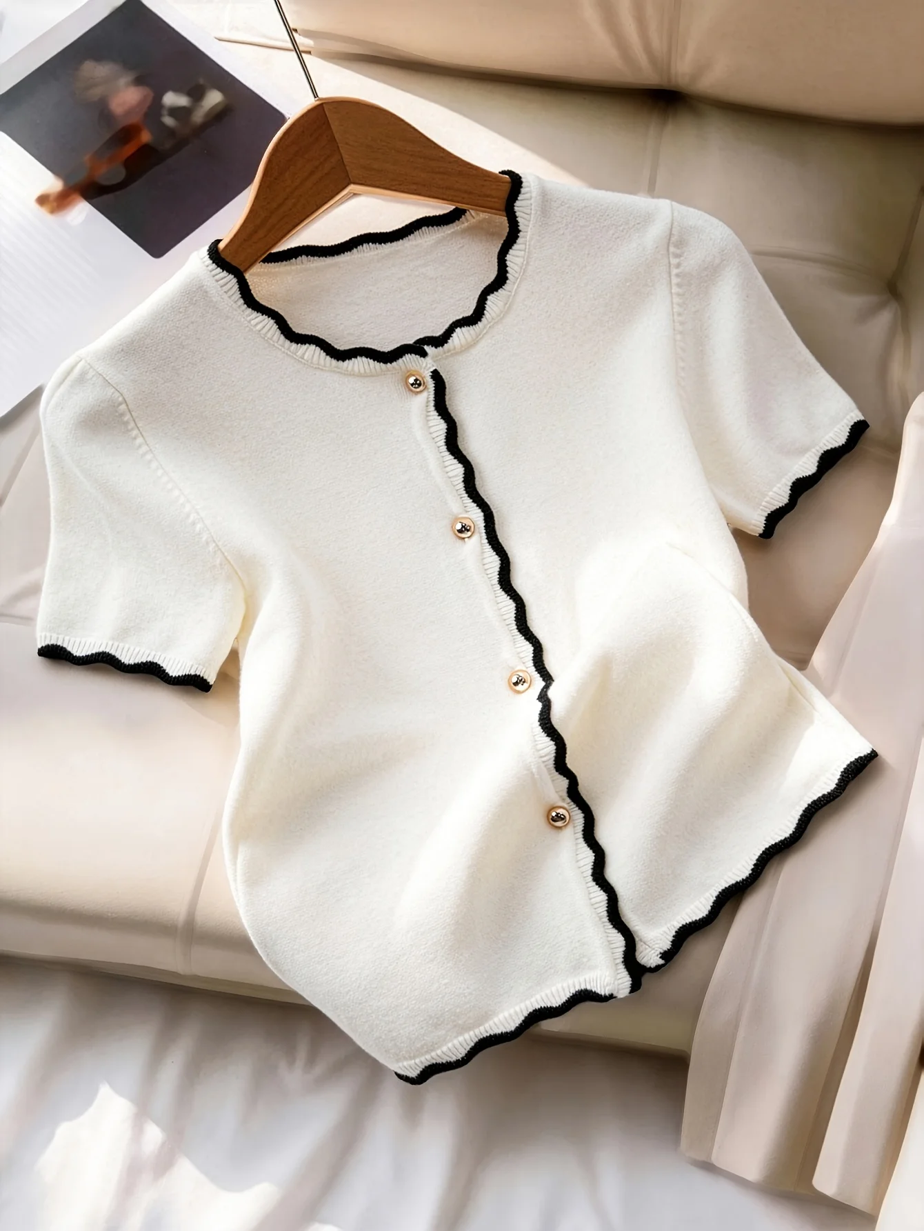 French Wave Contrast Trim Slim Fit Short Sleeve Cardigan, Summer Ice Silk Cool Thin Elegant Women Top