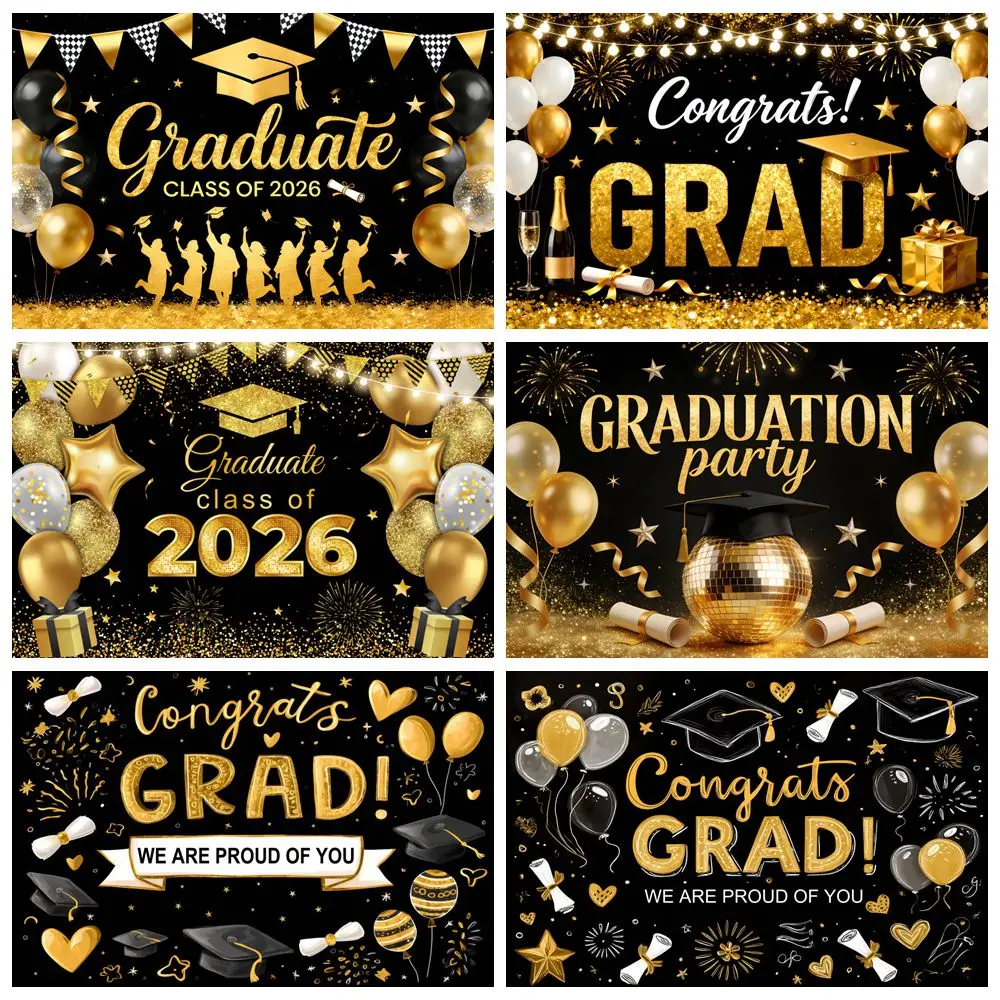 Class of 2026 Congrats Grad Backdrop for Photography Gold Black Glitter Spots Graduate Portrait Party Decor Background Banner