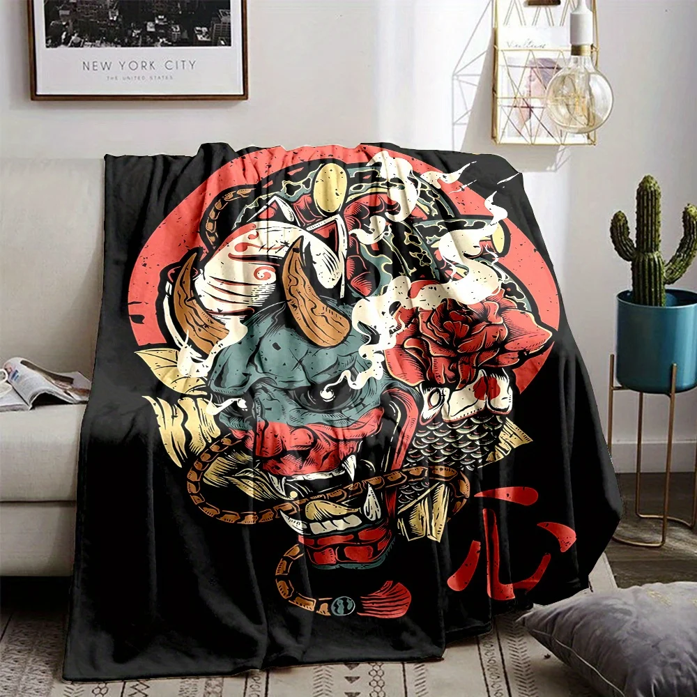Cozy Japanese-Inspired Demon Print Flannel Throw Blanket - Soft, Reversible & Machine Washable for All Seasons - Ideal for Couch