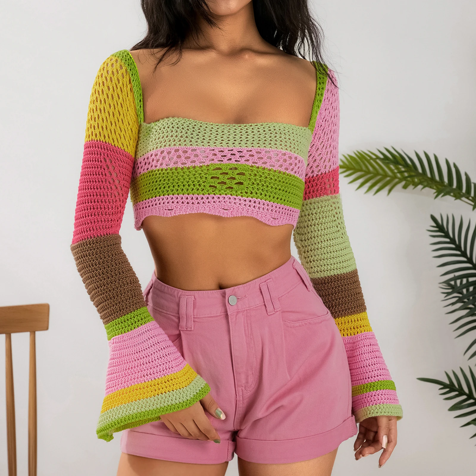 Donne Y2k Maglia Ritagliata Colorblock Top Lungo Svasato Maniche Crochet Della Camicia Della Rappezzatura Del Merletto Up Coulisse Posteriore Strada