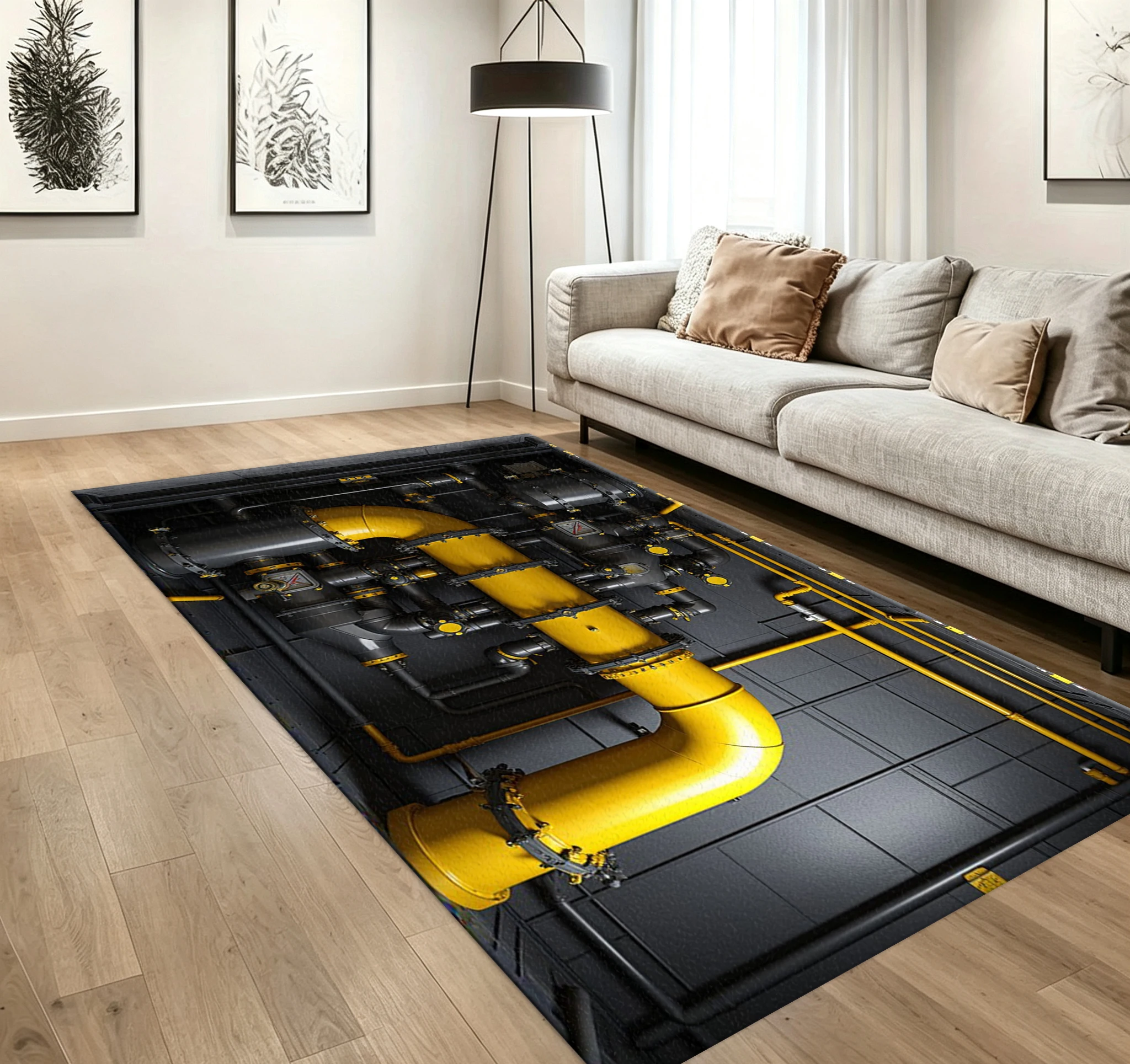 Industrial Pipe Machinery Carpet Flooring Black Yellow Pipeline Mechanical Equipment Art Printed Area Rug for Garage Study Household Decoration
