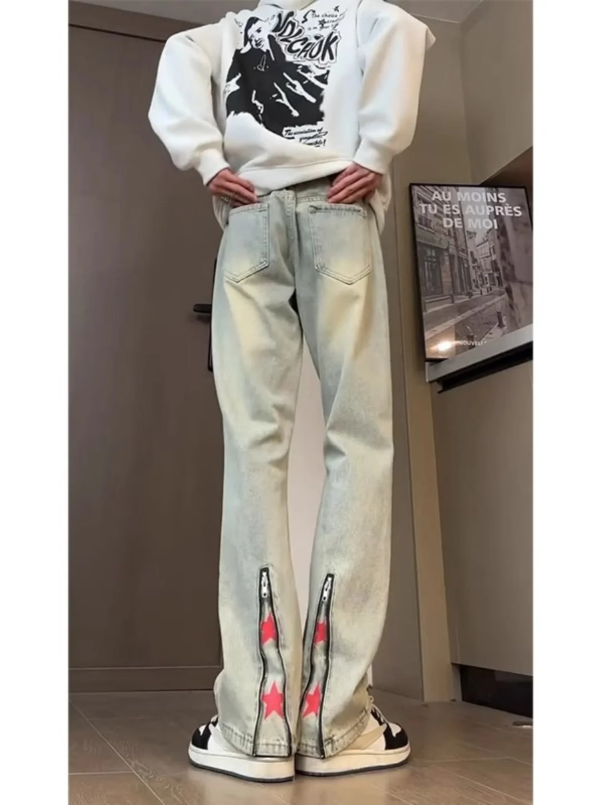 

Stars Print Zipper Jeans Men's Spring Autumn American High Street Vibe Straight Leg Pants Design Sensation Slimming Wide Leg