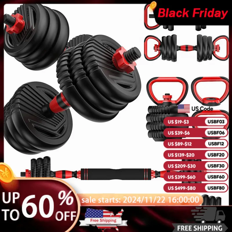 AQAdjustable ,10/25/35/55/70/90lbs Free Weight with Connector,4 in1 Dumbbells Set Used as Barbell,Kettlebells,Push