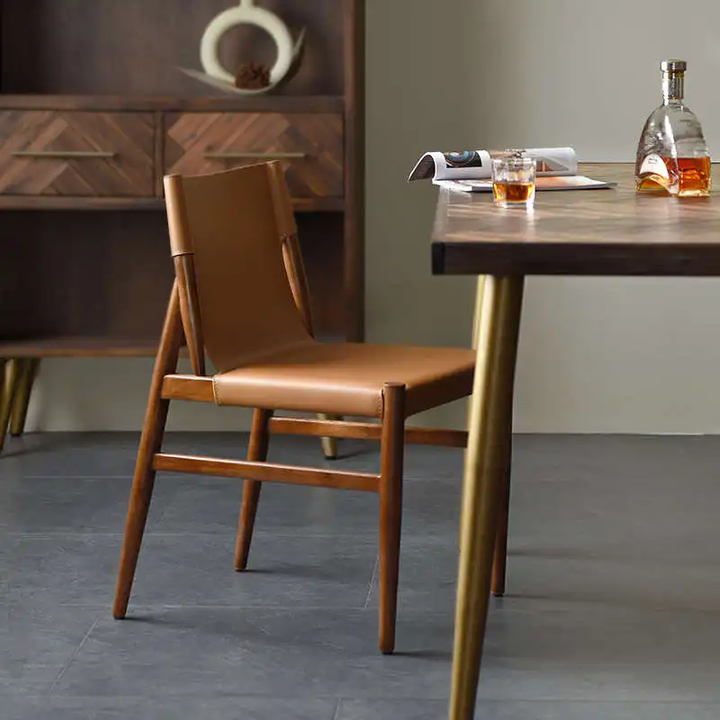 Luxury Saddle Leather Dining Chair Solid Wood Nordic Style Home Backrest