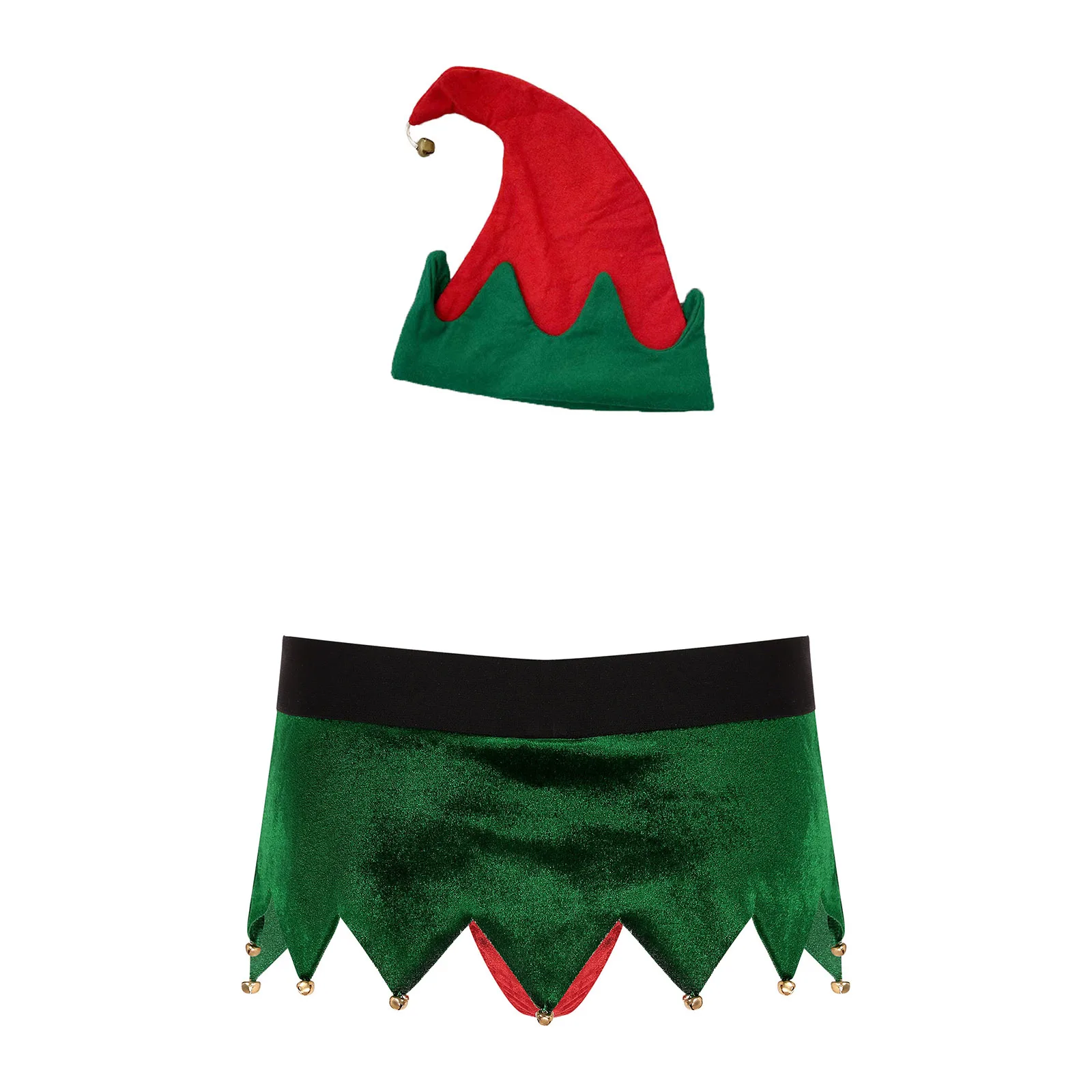 Costume de Noël sexy pour hommes, elfe, père Noël, ceinture élastique, cloches dentelées, sous-vêtements, tongs intégrées avec ensembles de chapeaux