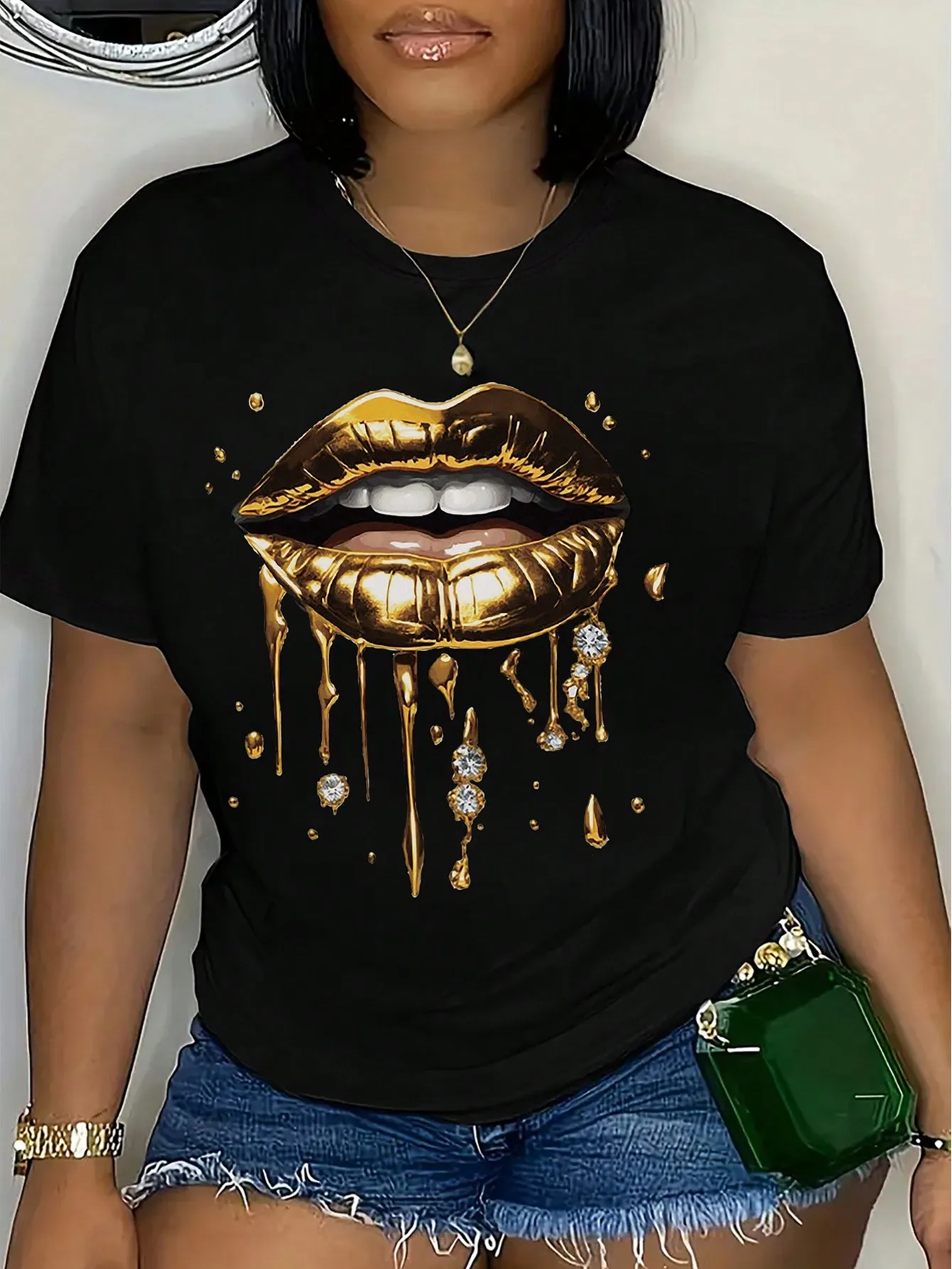 

Женская модная повседневная футболка с круглым вырезом и золотым принтом губ, с короткими рукавами