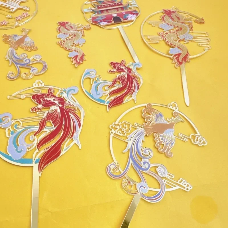 Decoración de Pastel de dragón de fiesta impresa en Color de estilo chino, adornos de pastel de acrílico con tema de nubes auspiciosas, Phoenix, China