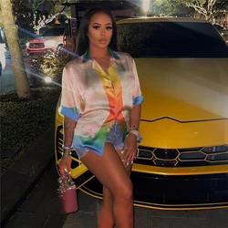 Camisa Hipster con cuello vuelto para mujer, camisa con estampado de paneles degradados, manga corta, botón de verano, camisetas informales sueltas, Tops de calle para mujer