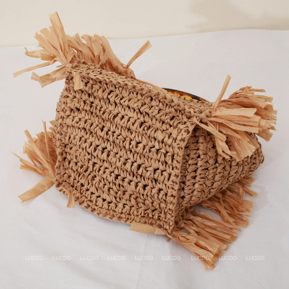 Beach Raffia Rattan Woven Handbags for Women 2024 Tassels Amber Circle Acrylic Handle Shoulder Clutch Designer Summer Straw Bags